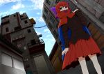  1girl alley bow building cape clouds dutch_angle hair_bow long_sleeves o-iboshi red_eyes redhead sekibanki short_hair skirt sky solo touhou 