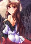  1girl animal_ears ass back bamboo bare_shoulders blush breasts brooch brown_hair dress fang full_moon fun_bo imaizumi_kagerou jewelry long_hair looking_at_viewer looking_back moon night night_sky red_eyes sky slit_pupils smile solo tail touhou wolf_ears wolf_tail 
