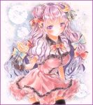  1girl alternate_costume black_legwear blush border bow breasts candy colored_pencil_(medium) crescent_hair_ornament double_bun dress flower frilled_dress frills gloves gradient gradient_background hair_ornament hair_ribbon hoppesatou layered_dress leaning_forward lollipop long_hair looking_at_viewer marker_(medium) no_hat orange_rose patchouli_knowledge puffy_short_sleeves puffy_sleeves purple_hair ribbon rose short_sleeves smile solo swirl_lollipop thigh-highs touhou traditional_media tress_ribbon very_long_hair violet_eyes watercolor_(medium) 