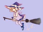  1girl :o adapted_costume blonde_hair blue_shoes blush broom broom_riding dress hat kirisame_marisa purple_legwear shoes short_hair siva solo sparkle star surprised sweatdrop thigh-highs touhou witch_hat yellow_eyes 