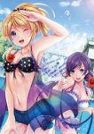  2girls arm_up ayase_eli blonde_hair breasts flower hair_flower hair_ornament l.bou large_breasts long_hair looking_at_viewer love_live!_school_idol_project multiple_girls navel open_mouth purple_hair shorts smile swimsuit toujou_nozomi twintails 