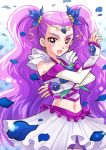 1girl :d arm_warmers bangs_pinned_back bike_shorts blue_background blue_rose blush earrings flower gradient gradient_background hair_ornament hair_ribbon jewelry long_hair magical_girl midriff milk_(yes!_precure_5) milky_rose mimino_kurumi navel open_mouth petals pink_eyes precure purple_hair ribbon rose rose_petals shorts_under_skirt skirt smile solo twintails very_long_hair wavy_hair white_background white_skirt yes!_precure_5 yes!_precure_5_gogo! 