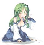  1girl ;d bra breasts cleavage detached_sleeves flying_sweatdrops frog_hair_ornament green_eyes green_hair hair_ornament hand_behind_head kochiya_sanae long_hair looking_at_viewer nontraditional_miko one_eye_closed open_mouth satou_kibi simple_background sitting sketch smile snake_hair_ornament solo sweat touhou underwear white_background 