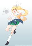  bandaid blonde_hair bouncing_breasts breasts character_request clothes_around_waist gradient gradient_background jacket_around_waist large_breasts long_hair ponytail school_uniform skirt socks ssberit volleyball 