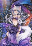  1girl animal_ears arabian_clothes blue_eyes blush breasts cleavage collarbone dancing dated detached_sleeves heterochromia long_hair midriff mosho navel open_mouth original purple_hair red_eyes scarf signature smile solo tail traditional_media 