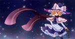  1girl blonde_hair capelet female guitar hat instrument kirisame_marisa scarf short_hair siva sky smile socks solo star star_(sky) starry_background starry_sky touhou witch_hat yellow_eyes 