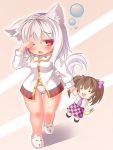  1girl :d animal_ears blush bow brown_eyes brown_hair cellphone character_doll dog_slippers dragoner hair_bow himekaidou_hatate inubashiri_momiji no_pants open_mouth panties phone red_eyes rubbing_eyes shirt silver_hair skirt smile solo tail touhou twintails underwear white_panties wolf_ears wolf_tail 