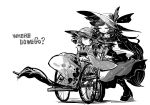  animal_ears brooch closed_eyes dress drill_hair engrish hat head_fins imaizumi_kagerou japanese_clothes jewelry kimono long_hair mermaid monochrome monster_girl obi open_mouth ranguage sash short_hair simple_background smile sun_hat touhou wakasagihime wheelchair white_background wolf_ears yt_(wai-tei) 