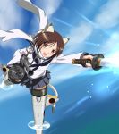  1girl animal_ears blue_sky blush brown_eyes brown_hair cat_ears cat_tail flying gun holding_gun holding_sword holding_weapon kaneko_(novram58) katana long_sleeves nishizawa_yoshiko open_mouth pleated_skirt scarf school_uniform serafuku short_hair skirt sky smile solo strike_witches striker_unit sword tail type_99_cannon weapon 