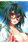  1girl bikini blue_eyes blush breasts cleavage clouds flower glasses green_hair hellmary kantai_collection kiso_(kantai_collection) large_breasts leaf no_hat open_clothes open_mouth red-framed_glasses red_bikini school_uniform serafuku short_hair sky smile solo swimsuit yellow_eyes 