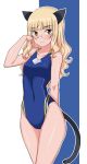  1girl animal_ears arm_behind_back bangs blonde_hair blunt_bangs blush cat_ears cat_tail collarbone competition_swimsuit covered_navel cowboy_shot eyebrows glasses highres long_hair maru_(maruttona) one-piece_swimsuit outline perrine_h_clostermann smile solo strike_witches swimsuit tail yellow_eyes 