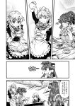  alcohol alternate_hairstyle beer doujinshi eating heart highres izayoi_sakuya kazami_yuuka kirisame_marisa kochiya_sanae pie tea teapot touhou translation_request yuzu_momo 