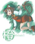  1girl all_fours animal_ears bow brown_eyes brown_hair cat_ears cat_tail character_name chen earrings hat jewelry multiple_tails open_mouth osaname_riku short_hair smile solo tail touhou 