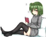  1girl arufu black_legwear book brown_eyes green_hair hair_bobbles hair_ornament legs looking_at_viewer original pillow short_hair side_ponytail simple_background solo thigh-highs thighs translation_request white_background 