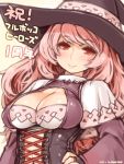  1girl blush breasts cleavage cleavage_cutout corset fingerless_gloves fullbokko_heroes gloves hat large_breasts long_hair looking_at_viewer pink_hair red_eyes shigatake simple_background smile solo translation_request witch_hat 