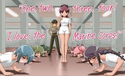  6+girls akemi_homura blonde_hair blue_hair blush braid breasts brown_eyes campaign_hat character_request clenched_teeth closed_eyes doughnut drill_hair eating english full_metal_jacket glasses hands_on_hips kaname_madoka long_hair mahou_shoujo_madoka_magica maroon_hair miki_sayaka military military_uniform multiple_girls necktie open_mouth parody pink_hair push-ups sakura_kyouko shingyouji_tatsuya shizuki_hitomi short_twintails standing tomoe_mami twin_braids twin_drills twintails uniform yellow_eyes 