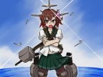  1girl biteear brown_hair cannon crossed_arms gradient_hair hair_ornament highres kantai_collection machinery multicolored_hair mutsuki_(kantai_collection) open_mouth pantyhose pleated_skirt redhead school_uniform serafuku short_hair skirt smokestack solo sparkle turret 