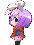  1girl :&lt; animal_ears arms_behind_back deformed looking_back purple_hair rabbit_ears red_eyes reisen_udongein_inaba scarf solo touhou twumi white_background 