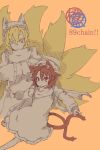  2girls animal_ears blonde_hair brown_hair cat_ears cat_tail character_name chen earrings fox_tail hat highres jewelry multiple_girls multiple_tails osaname_riku red_eyes short_hair sketch tail touhou yakumo_ran yellow_eyes 