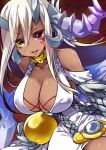  1girl bare_shoulders blonde_hair breasts choker claws cleavage collarbone dark_skin dragon_girl dragon_horns dress egg facial_mark gold_egg_(p&amp;d) grand_sonia heterochromia highres horns large_breasts long_hair platinum_blonde puzzle_&amp;_dragons scales shima_(6land) solo violet_eyes yellow_eyes 