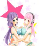  2girls bikini blush breast_press breasts cleavage green_eyes hand_on_another&#039;s_hip headphones highres holding_hands interlocked_fingers large_breasts long_hair looking_at_viewer love_live!_school_idol_project midriff multiple_girls nitroplus pink_hair purple_hair red_eyes smile super_sonico swimsuit symmetrical_docking toujou_nozomi twintails 