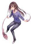  1girl brown_hair casual dog green_eyes highres idolmaster idolmaster_cinderella_girls infukun jewelry leash long_hair necklace open_mouth shibuya_rin simple_background smile solo 