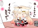  &gt;:3 1girl :3 blonde_hair chibi food gradient_hair hair_flaps hair_ornament hair_ribbon hairpin kantai_collection multicolored_hair ribbon sako_(bosscoffee) scarf school_uniform serafuku sitting translation_request yuudachi_(kantai_collection) 