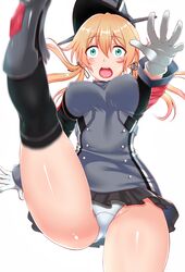  1girl anchor_hair_ornament aqua_eyes black_ribbon black_skirt blonde_hair blush falling gloves hair_ornament hair_ribbon hat highres kantai_collection leg_up long_hair long_sleeves microskirt military military_uniform mizuse_kouichi motion_blur open_mouth panties pantyshot peaked_cap pleated_skirt prinz_eugen_(kantai_collection) ribbon simple_background skirt solo twintails underwear uniform white_background white_gloves white_panties wide-eyed 