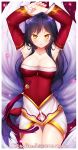  1girl ahri animal_ears armpits arms_up black_hair breasts cleavage detached_sleeves fox_ears fox_tail highres kaho_okashii league_of_legends long_hair looking_at_viewer solo tail whiskers yellow_eyes 