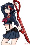  1girl black_hair blue_eyes kill_la_kill matoi_ryuuko midriff multicolored_hair navel sabamiso_(waruagaki) school_uniform scissor_blade senketsu serafuku short_hair single_glove skirt streaked_hair suspenders weapon 