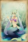  1girl bikini_top bubble expressionless fins fish framed green_eyes green_hair hatsune_miku long_hair looking_at_hand mermaid midriff monster_girl navel o-ring_top ponjiritsu revision seaweed sitting solo twintails underwater very_long_hair vocaloid 