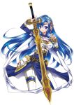  1girl armor asio_(asiogimuto) blue_eyes blue_hair cape long_hair official_art sasha_(sen_no_maken) sen_no_maken_to_tate_no_otome solo sword weapon 