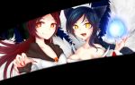  2girls :3 :d ahri animal_ears baka_imouto bangs bare_shoulders blue_hair braid breasts brooch brown_hair crossover dress energy_ball facial_mark fang fang_out fingernails fox_ears imaizumi_kagerou jewelry league_of_legends long_fingernails long_hair long_sleeves looking_at_viewer magic multiple_girls open_mouth orange_eyes red_nails sharp_fingernails smile strapless_dress swept_bangs touhou whisker_markings wolf_ears yellow_eyes 