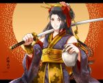  1boy androgynous black_hair character_name detached_sleeves flower grin hair_flower hair_ornament japanese_clothes jiroutachi letterboxed long_hair looking_at_viewer male_focus mizuhara_aki nodachi one_eye_closed outside_border smile solo sword touken_ranbu very_long_hair weapon yellow_eyes 