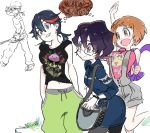  alternate_costume alternate_hairstyle bag casual dress glasses gyosone hands_in_pockets kill_la_kill mankanshoku_mako matoi_ryuuko oogure_maiko overalls short_hair short_twintails shorts smile t-shirt twintails 