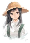 1girl artist_name asashio_(kantai_collection) black_eyes black_hair bust face hat kantai_collection looking_at_viewer simple_background straw_hat suspenders white_background yae_(mono110) 