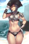  1girl armor beach blue_hair breasts clouds cloudy_sky final_fantasy final_fantasy_xiv gloves hand_on_headwear hand_on_hip hat houtengeki looking_at_viewer midriff navel ocean open_mouth short_hair sky solo yellow_eyes 