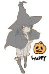  1girl a_will cape hair_over_one_eye halloween halloween_costume hat jack-o&#039;-lantern kago1205 long_hair monochrome wand witch_hat 