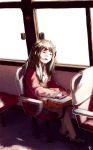  1girl absurdres bag brown_hair bus bus_interior closed_eyes dicorndl drooling highres long_hair motor_vehicle open_mouth original saliva shoes sitting sleeping solo vehicle 