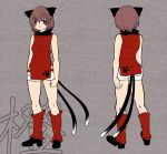  1girl :3 alternate_costume animal_ears aoshima breasts brown_hair cat_ears cat_tail chen contemporary earrings highres jewelry kneepits looking_at_viewer multiple_tails paw_print short_hair short_shorts shorts sleeveless sleeveless_shirt smile socks solo tail team_9 touhou turnaround turtleneck two_tails 