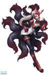  1girl ahri alternate_costume alternate_eye_color alternate_hair_color alternate_hairstyle animal_ears breasts cleavage eirashard fox_ears fox_girl fox_tail highres large_breasts league_of_legends looking_at_viewer multicolored_hair multiple_tails ponytail red_eyes redhead tail two-tone_hair white_hair 