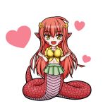  1girl aoba_kino breasts chibi cleavage fang front-tie_top full_body green_skirt hair_ornament hairclip heart lamia long_hair looking_at_viewer miia_(monster_musume) monster_girl monster_musume_no_iru_nichijou mound_of_venus navel open_mouth pointy_ears redhead scales simple_background skirt slit_pupils snake_tail solo very_long_hair white_background yellow_eyes yellow_shirt 