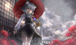  1girl animal_ears basket building capelet clouds flower gem grey_hair jewelry long_sleeves mouse mouse_ears mouse_tail nazrin necklace open_mouth oriental_umbrella pendant pengin_(takeoff425) rain see-through shirt silver_hair skirt skirt_set smile solo spider_lily tail touhou umbrella vest 