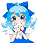  1girl ahoge berry_jou blue_dress blue_eyes blue_hair bow bust cirno dress grin hair_bow highres ice ice_wings looking_at_viewer puffy_short_sleeves puffy_sleeves rabbit shirt short_sleeves smile solo touhou wings 
