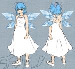  1girl alternate_costume aoshima bare_back bare_shoulders blue_eyes blue_hair bow breasts cirno dress hair_bow hair_ornament hairclip highres ice ice_wings looking_at_viewer mary_janes older shoes short_hair smile solo team_9 toned touhou tsurime turnaround white_dress white_shoes wings 