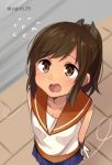  1girl blue_skirt brown_eyes brown_hair flying_sweatdrops from_above i-401_(kantai_collection) kantai_collection looking_up open_mouth pavement pleated_skirt ponytail sailor_collar skirt solo twitter_username yukichi_(eikichi) 