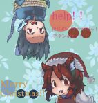  2girls animal_ears brown_hair capelet cat_ears chen earrings grey_hair hat jewelry mouse_ears mouse_tail multiple_girls nazrin open_mouth osaname_riku pendant red_eyes santa_hat short_hair smile tail tied_up touhou translation_request upside-down 