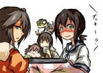  1boy 4girls admiral_(kantai_collection) blush brown_eyes brown_hair cup fubuki_(kantai_collection) green_eyes headgear kantai_collection kitakami_(kantai_collection) kotatsu military military_uniform multiple_girls napa-napa naval_uniform o_o school_uniform sendai_(kantai_collection) serafuku shaded_face short_hair short_ponytail sweat table teacup translated uniform yukikaze_(kantai_collection) 