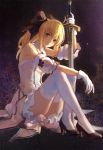  1girl bent_knees blonde_hair fate/stay_night fate_(series) gloves green_eyes kirayoci long_hair looking_at_viewer saber saber_lily sitting solo sword thigh-highs type-moon weapon white_gloves 