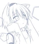  1girl animal_ears blush detached_sleeves hand_on_head hat inubashiri_momiji kazawa_(tonzura-d) looking_at_another monochrome open_mouth pom_pom_(clothes) simple_background solo tokin_hat touhou white_background wolf_ears 